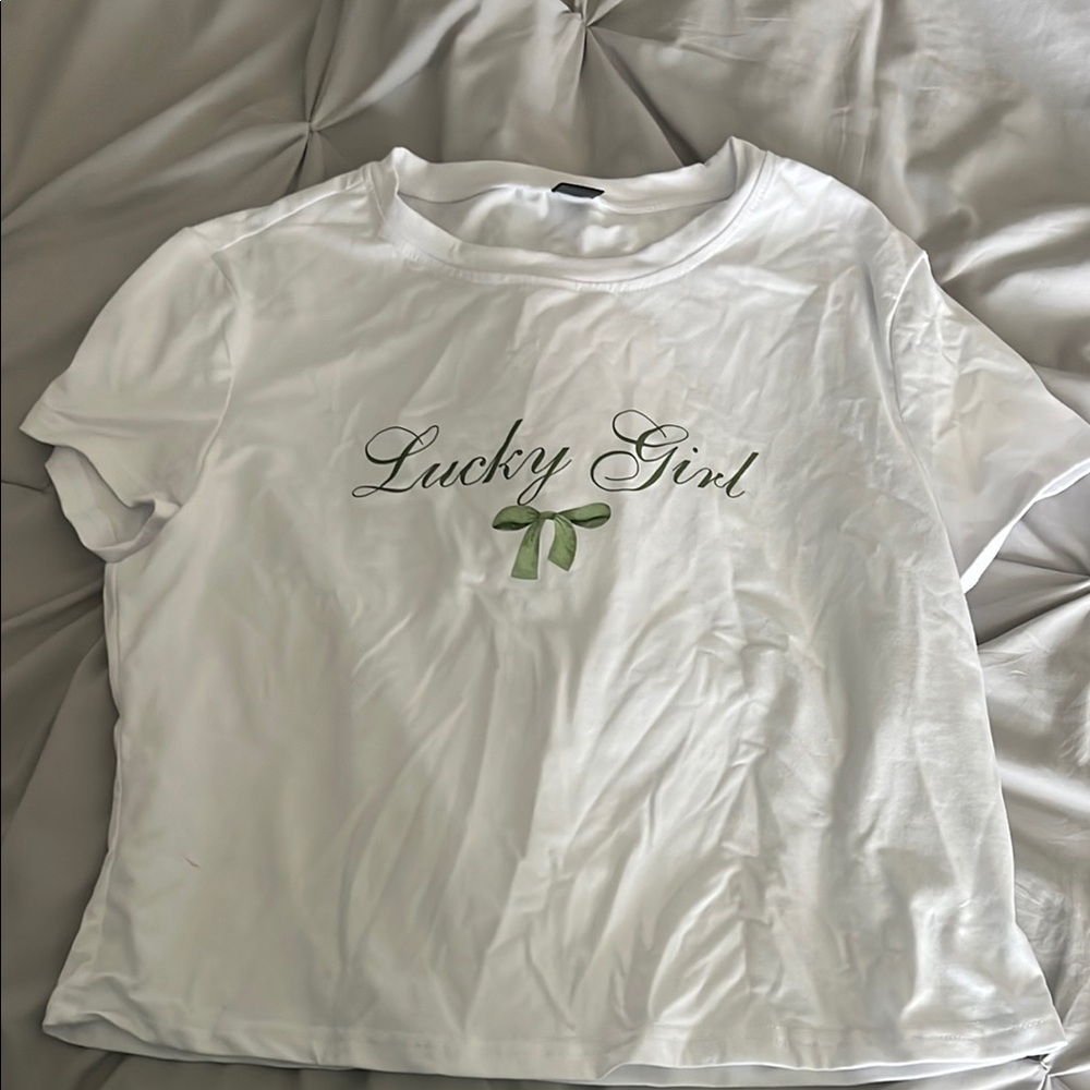 SHEIN White Crop Top with Green Print
